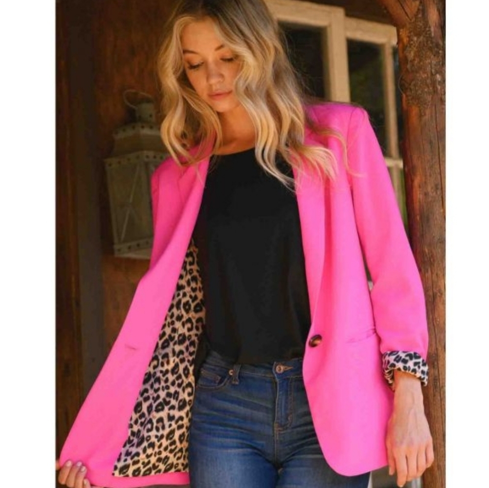 Hot Pink Leopard lined plus size blazer